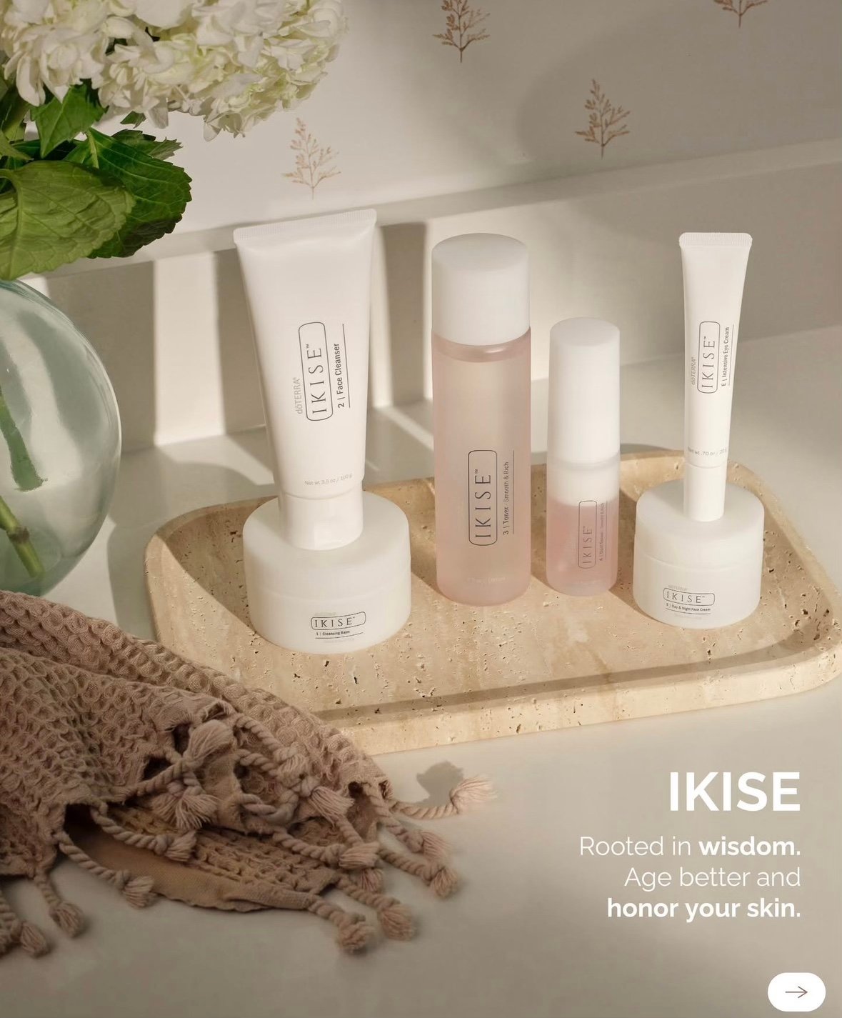 IKISE skincare products arranged on a stone tray