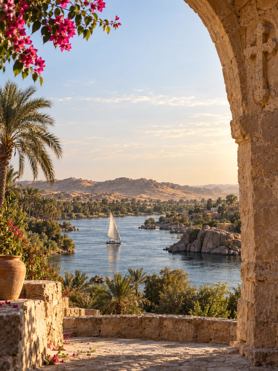 The Nile seen through a stone arch, with palms and bougainvillea
